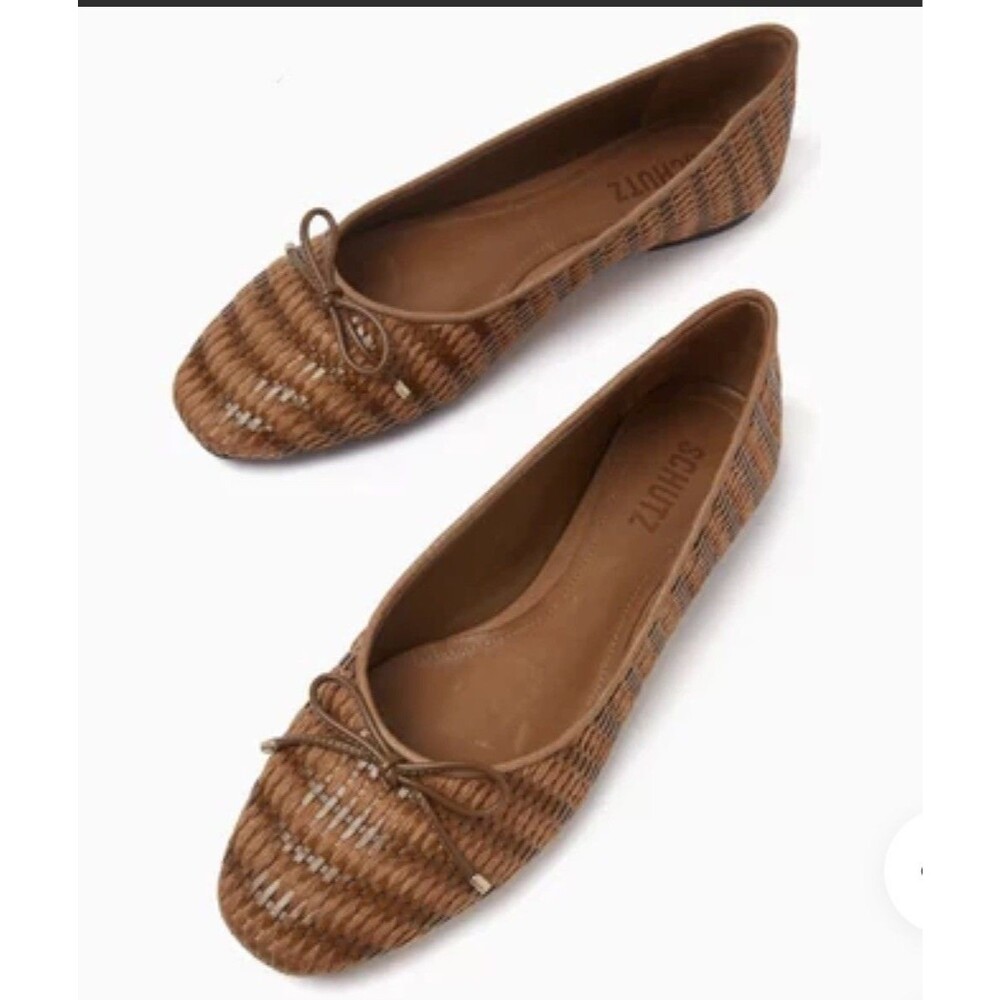 Schutz Arissa Straw Woven Flat Brown Almond Bow Ballet Flats Women's Size 7.5 B